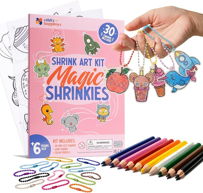 Shrink Art Kit - Color & Bake 30 Pre Cut Charm Sheets into Kids Keychains | Kids color 30 pre-cut shrink plastic charms, bake & watch them shrink into keychains - 10 colored pencils included