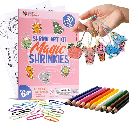 Shrink Art Kit - Color & Bake 30 Pre Cut Charm Sheets into Kids Keychains | Kids color 30 pre-cut shrink plastic charms, bake & watch them shrink into keychains - 10 colored pencils included