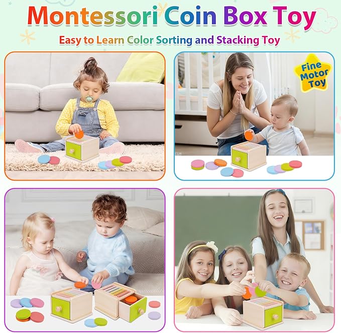 FCSONU Toddlers Montessori Coin Box Toys for 1 2 3 Year Old Boys Girls Baby | Wooden Baby Toys|Fine Motor Skills Toys, Kids Learning Color Sorting & Stacking Sensory Toys, Easter Christmas Birthday Gifts