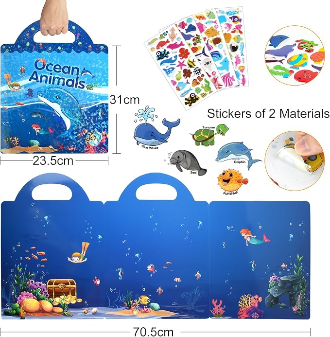 ASTARON Reusable Puffy Sticker Book，88 pcs Ocean Stickers Educational Toy | 88 pcs Reusable Sticker,Waterproof Jelly Stickers, Portable Travel Toys,Educational Sensory Learning Toy,Gift for Boy Girl