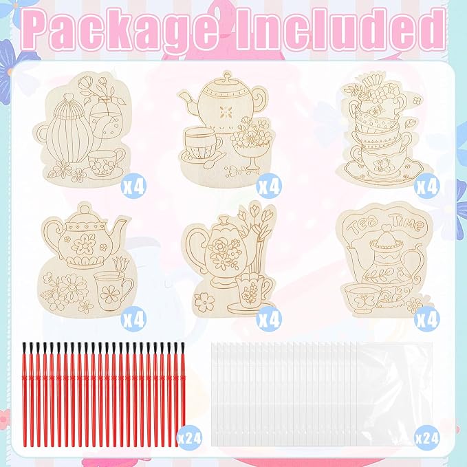 Chunful 24 Sets Tea Time Party Favors Wooden Tea Painting Crafts Kits for Kids DIY Floral Teapot Paint Arts and Crafts Gifts for Birthday Baby Shower Wedding Party Favors Classroom Art Project