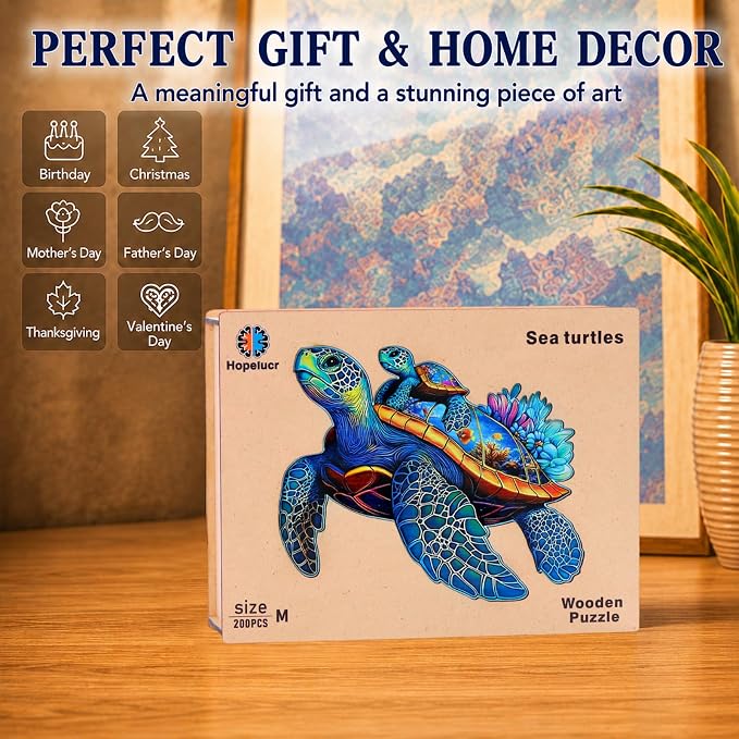 Wooden Jigsaw Puzzles for Adults Teens Kids, Parent & Baby Sea Turtle Wood Puzzle, Wooden Puzzles for Adults, Unique Animal Shaped Puzzle, Fun Challenging Family Games, 200pcs 11.5" x 9.7"