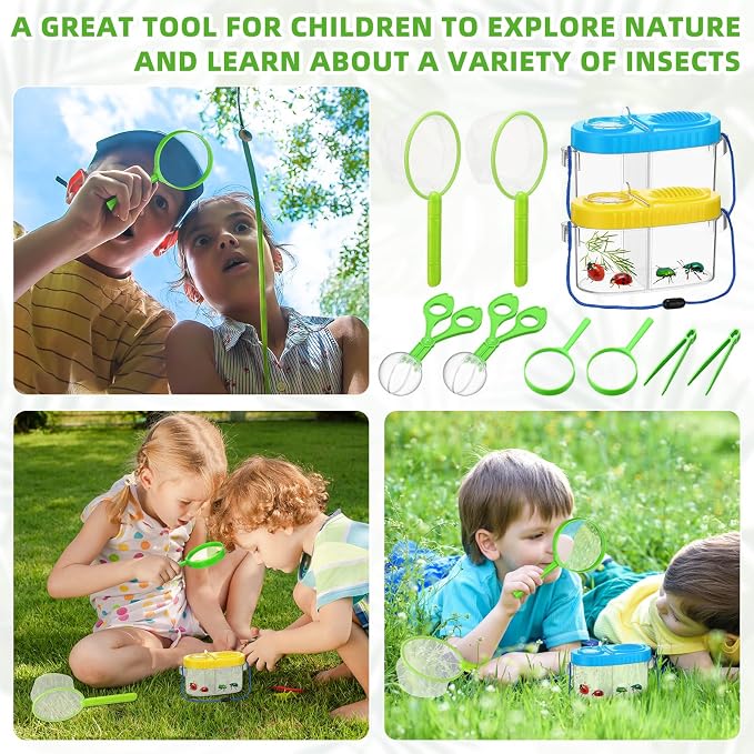 Halloscume 2 Sets Bug Catcher Kit Outdoor Toy Gift for Kids Outdoor Explorer Kit Kids Bug Catching Kit Insect Bug Habitat with Magnifying Glass, Tweezers, Bug Catcher and Net for Science Exploration