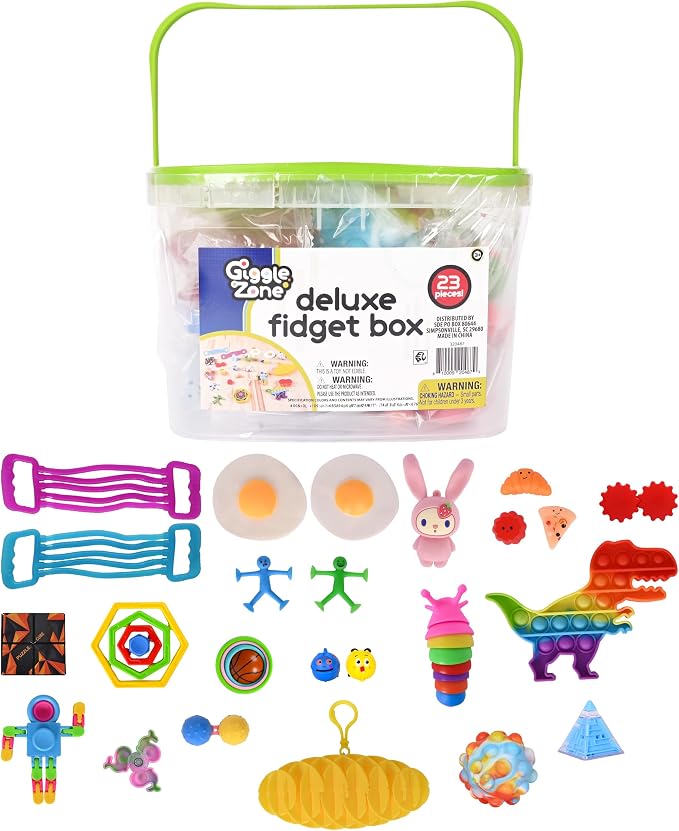 Sunny Days Entertainment Fidget Box 24 Piece - Sensory Toys Pack - Ages 3+ | Plastic Construction, Multicolor Set, 7.5 in x 7.5 in x 5 in, 36+ Months, ADHD Anxiety Support, Storage Case Included