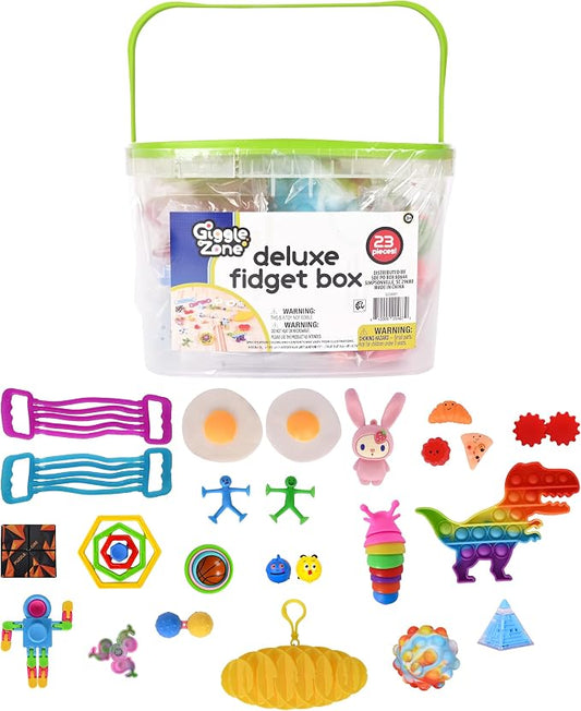 Sunny Days Entertainment Fidget Box 24 Piece - Sensory Toys Pack - Ages 3+ | Plastic Construction, Multicolor Set, 7.5 in x 7.5 in x 5 in, 36+ Months, ADHD Anxiety Support, Storage Case Included