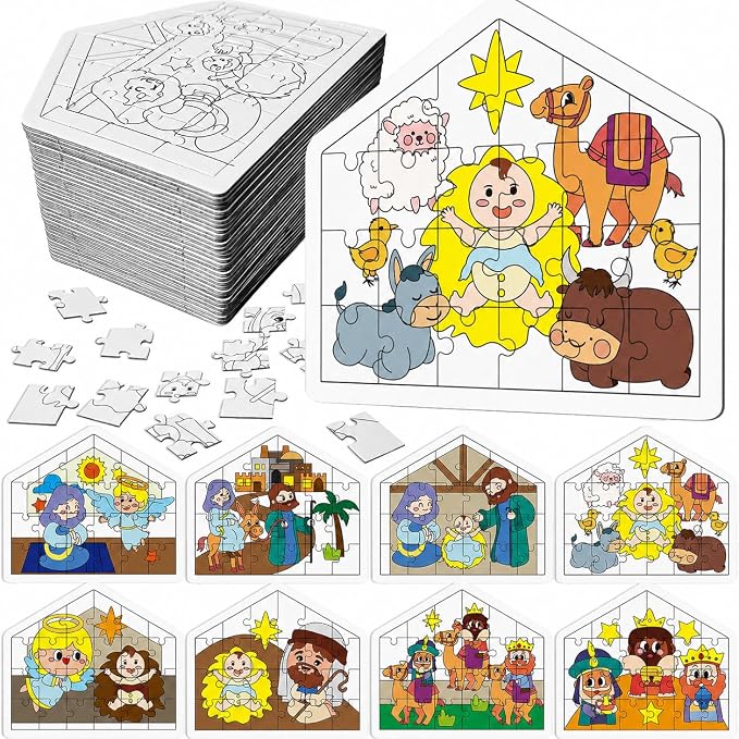 Cinrobiye 24 Pcs Christmas Nativity Coloring Puzzle Craft，DIY Jesus Religious Paper Crafts Make a Nativity Scene Sticker for Christian Holy Night Sunday School Church Classroom Holiday Art Project