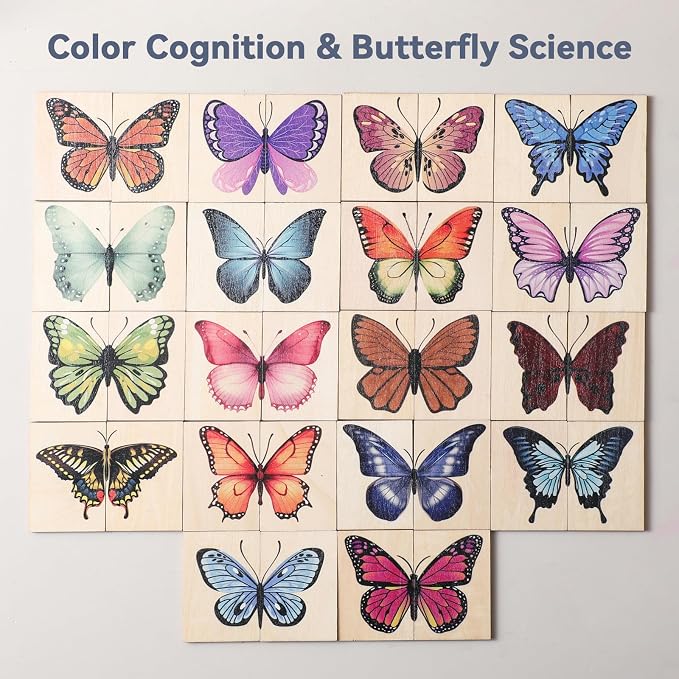Wooden Butterfly Matching Puzzle Game for Ages 3+, 38 Pcs with Storage Box, Montessori Nature Memory Game for Visual Discrimination & Fine Motor Skills, Birthday