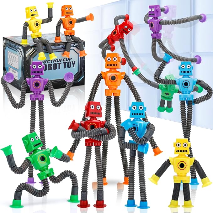 Robot Sensory Pop Tubes Toys 12PCS for Toddlers Boys Age 3-8, Suction Cup Stretchy Fidget Toy, Travel Toys, Autism Stress Relief, Birthday Christmas Stocking Stuffers Party Favors