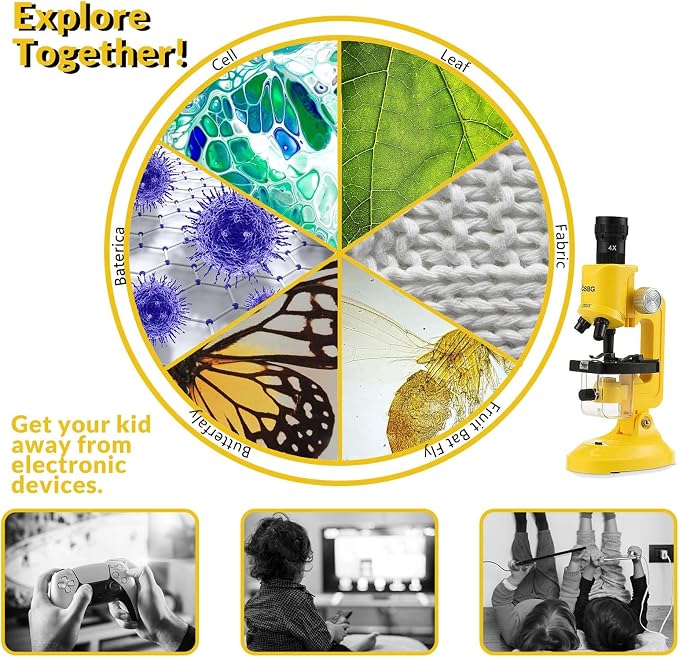 Little World Kids Microscope with LED Light - 100X/400X/1200X Magnification | Beginner science kit, monocular view, educational STEM gift for ages 5-12, Yellow