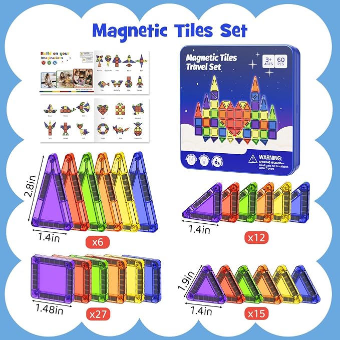 Mini Magnetic Tiles Travel Kit: 60Pcs Airplane Activities & Road Trip Toys | Visual Storage Box & Metal Play Base - Portable STEM Sensory Building Blocks for Toddlers & Kids Ages 3-8