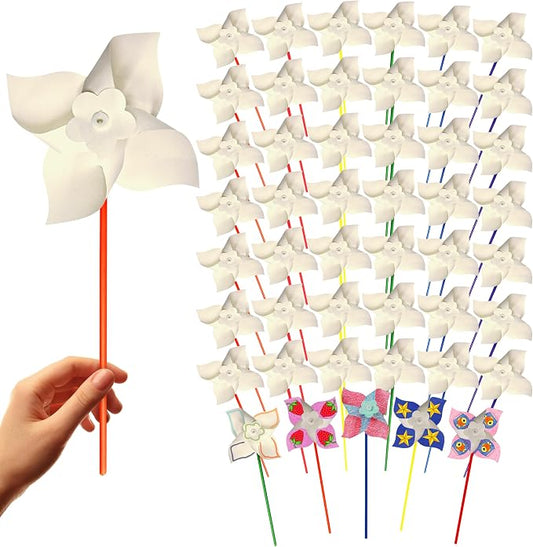 4E's Novelty DIY Pinwheels Craft for Kids (48 Pack) Color Your Own White Pinwheels, Bulk Summer Spring Craft Kit for Boys & Girls, Arts and Craft Party Activity, Church Easter Crafts