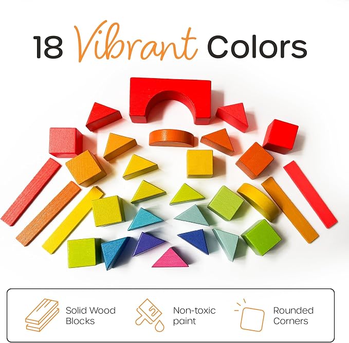 Quiggly Montessori Wooden Rainbow Building Blocks - 68 Pc STEM Toy Set | Storage box with carry handles, ages 12-48 months