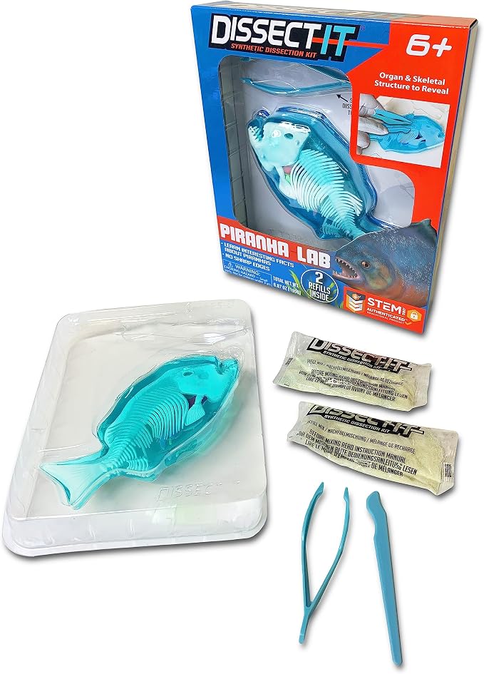 Dissect-It, Piranha Dissection Kit, STEM Toys for Kids, Ages 6+ | Piranha Anatomy, Examine Realistic Organs & Complete Skeleton, Then Rebuild with 2 Gel Refill Packs for STEM Learning