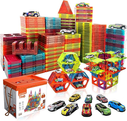 BUBUQE Magnetic Tiles Parking Building Playset with 10 Pull-Back Metal Cars for Kids Construction STEM Toy Preschool Creativity Learning Birthday Gift for Girls Boys Toddlers 3 4 5 6 7 8