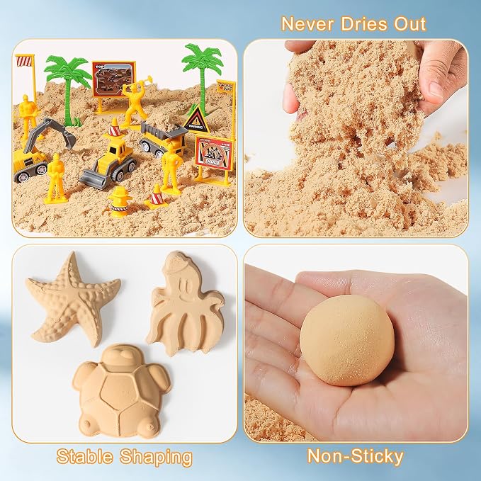 Construction Sensory Bin, 3.3lbs Sensory Sand, Play Sand for Kids 3+ | Sand Construction Site Kit, Construction Trucks, Traffic Signs, Worker Figures, Pretend Play Sand Toys for Boys Ages 3+