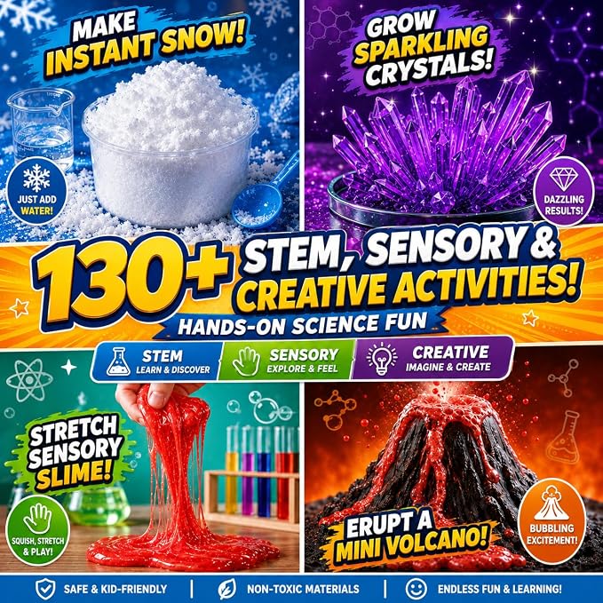 Science Experiment Kit for Kids 6-12, STEM Chemistry Set with Volcano | 130+ science activities with volcano eruption, crystal growing, slime making and lab experiments, STEM gifts for boys & girls