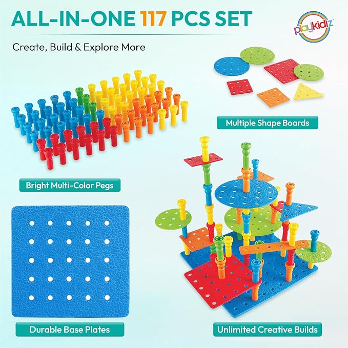 Play Build Kids Peg Board Building Set 117 Pieces - STEM Construction with Colorful Pegs & Shapes, Fine Motor Skills Learning Toy, Montessori Toddler Building Toys for Boys & Girls Age 3+