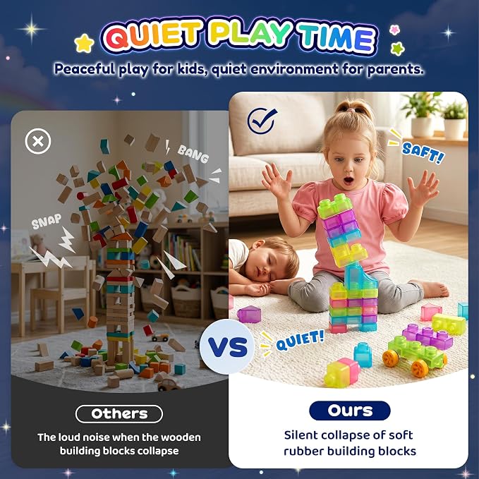 57PCS Soft Glow in The Dark Building Blocks for Toddlers, Dream City | Preschool Educational Creative Play, Montessori Squeezable, Stretchable Early Learning Construction Playset, Puzzle Blocks