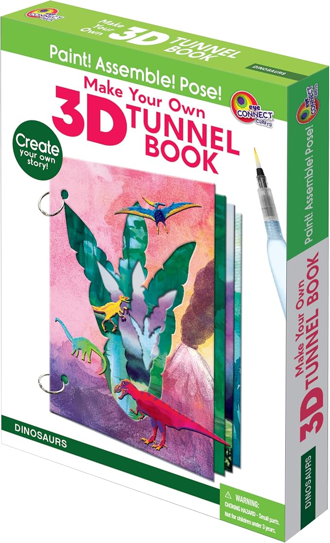 EyeConnect Crafts Dinosaurs Mini 3D Tunnel Book – Hands-on Paper Craft Kit | Build, color & create a pop-in book! Mini animals, watercolor pastels & water brush included. Portable, screen-free fun! 3+
