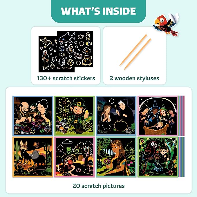 Scratch Craft Art Kit for Kids, Book with 30 Pictures & 130+ Stickers | Ages 3-8, magical fairy-tale art with black scratch-off pads, children DIY supplies, creative gift activity for boys & girls