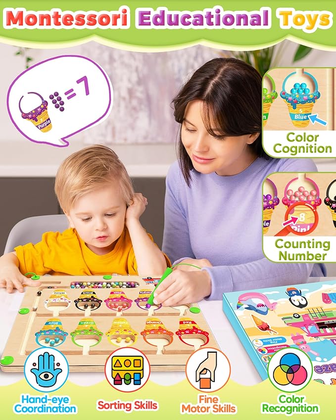 Magnetic Color and Number Maze, Montessori Toys for 2 3 4 Year Old Birthday | Birthday Gifts for Girls Boys, Wooden Color Matching Puzzle Board, Preschool Learning Activities Travel Toys for Ages 2-4