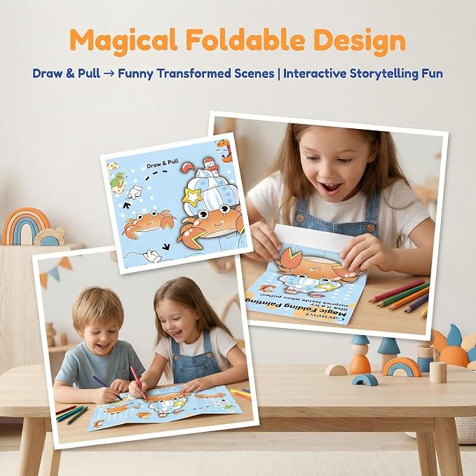 Cavnewt Kids Coloring Book with Foldable Surprise Design, Expandable Long Coloring Pages, Creative Drawing Activity Book for Toddlers & Kids, Screen-Free Travel Activity,Ideal Gift for Kids