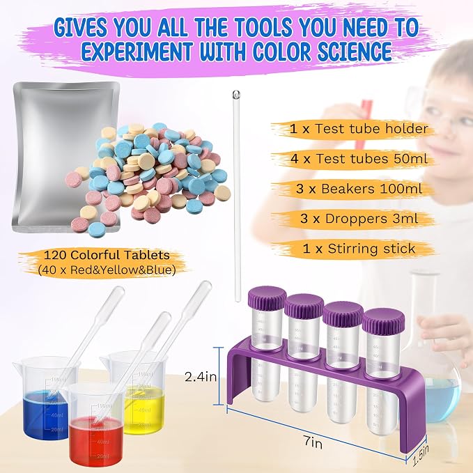 Color Science Kit, 120 Fizzing Tablets, Test Tubes and Beakers | Red, Yellow and Blue Tablets, Mix 3 Primary Colors, 4 Test Tubes, 3 Beakers, 3 Droppers, Stirring Stick