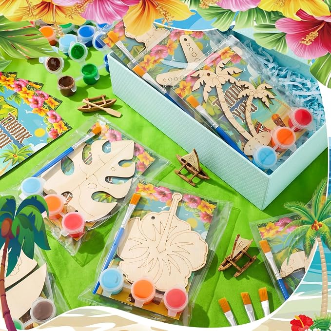 Saypacck 24 Pcs Hawaiian Party Favors Wooden Paint Craft Kits | Summer Tropical Party, Wooden DIY Painting Activity Sets with Organza Bags, Goodie Bag Fillers for Kids Guests