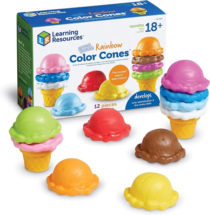 Learning Resources Smart Snacks Rainbow Color Cones - Ice Cream Toy Scoop, Sensory Play Food, Fine Motor for Toddlers, Color Sorting and Stacking , Montessori Kitchen, Preschool Activities
