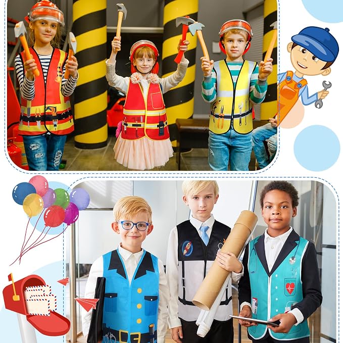 20 PCS Kids Dress Up Vest Community Helper Career Costumes for Role Play | 20 Pcs Kids Dress Up Costumes for Pretend and Play Doctor Police Fireman Construction Costume for Back to School Halloween