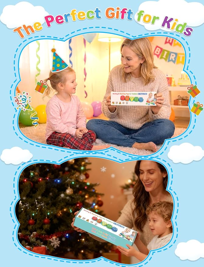 Silicone Shape Sorting & Stacking Toys - Montessori Toys for Toddlers 1-3 | Soft Safe Food Grade Silicone | 20pcs Textured Color Blocks | Learning Sensory Toy | 1 2 3 4 Year Old Boy Girl Birthday Gifts