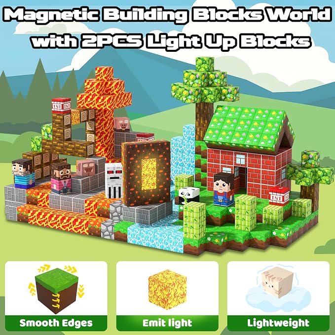 Magnetic Blocks, 150PCS Light Up Building Cube Toys Gifts for Kids | Magnetic Cubes, 0.8 inches Building Blocks, 2PCS Light Up Blocks, STEM Toys Christmas Birthday Gifts for Kids Boys Girls