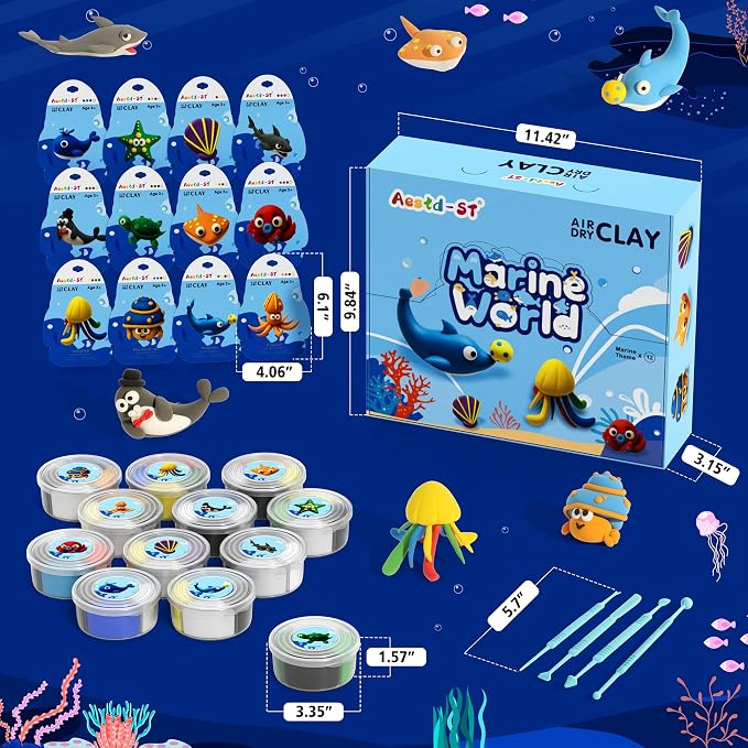 Aestd-ST Air Dry Clay Kit - Ocean Theme, Modeling Clay for Kids | DIY Magic Clay with Sculpting Tools and Tutorials, 12 Boxes Molding Clay, Soft & Non-Sticky, Arts and Crafts Gift for Kids