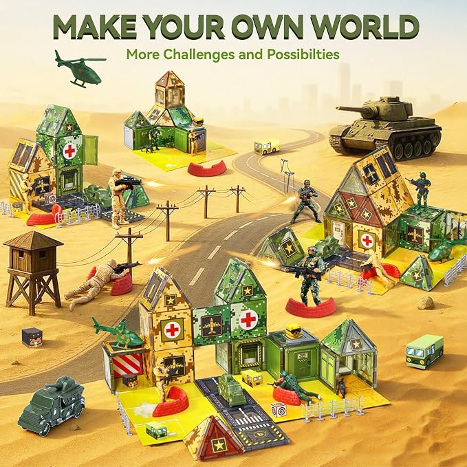 VigorFun Army Toys Magnetic Tiles Building Blocks Set for Kids Ages 3+ | STEM Military Magnetic Blocks with Army Men, Educational Sensory Magnet Toys Gifts for Kids Boys Ages 3-5 4-8