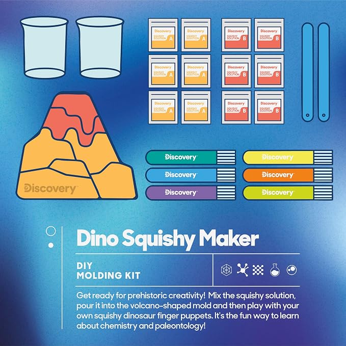 Discovery Dino Squishy Making Kit| Create 6 Squishy Dinosaur Finger Puppets| DIY Make Your Own Squishies Set| Kids Sensory Toy| STEM Chemistry Activity| Arts & Craft Kit| Educational Gift| Ages 6+