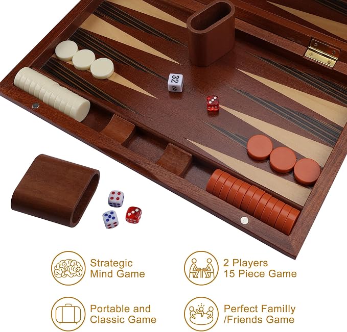 Wooden Backgammon Set, 15 inch Folding Backgammon Board Game with 32 Pieces | Portable Travel Strategy Game for Adults & Kids | Complete Backgammon Set in Wood Case for Family Game Nights & Gifts