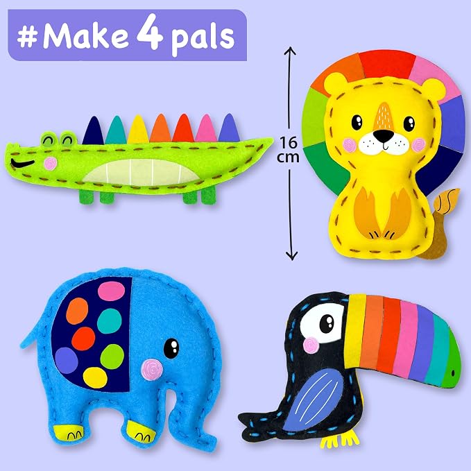 EZCRA Safari Animal Sewing Kit for Kids Ages 4-8 - 4 Felt Projects | Beginner Sewing Craft Kit for Boys and Girls. DIY Arts and Crafts Projects. No Mess Gift for Boys and Girls.