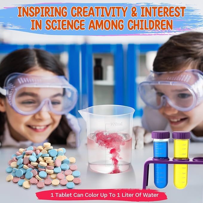 Color Science Kit, 120 Fizzing Tablets, Test Tubes and Beakers | Red, Yellow and Blue Tablets, Mix 3 Primary Colors, 4 Test Tubes, 3 Beakers, 3 Droppers, Stirring Stick