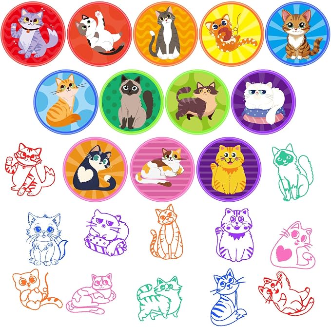 Cinrobiye 24 Pcs Cat Stampers Party Favor Set, Cute Kitty Stamps for Kids Birthday Party, Classroom Rewards, Carnival Prizes, Goody Bag Fillers, Cat Lover Party Supplies