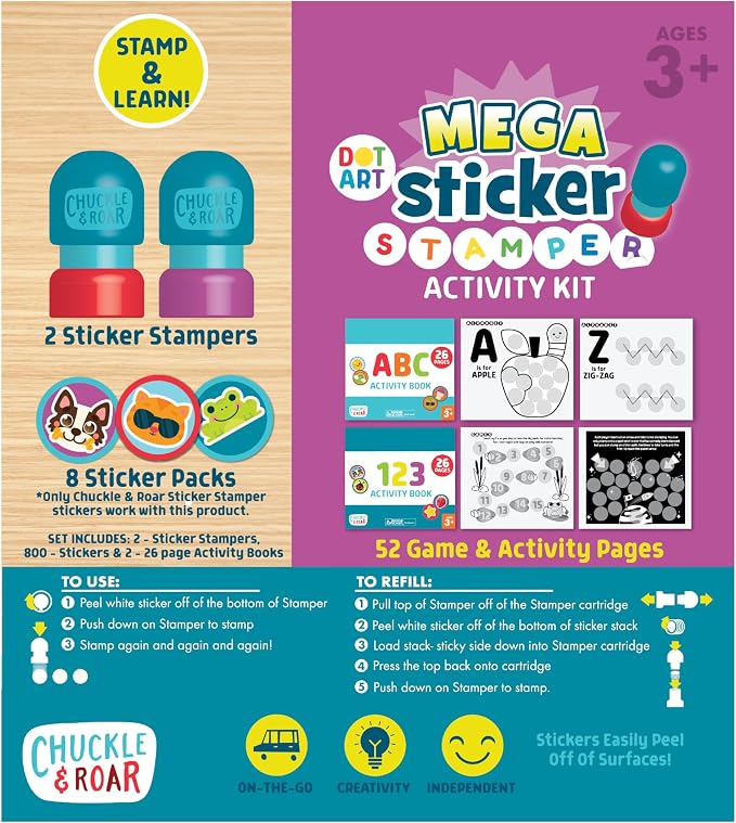 Chuckle & Roar Mega Sticker Stamper Activity Kit with 800 Stickers, 2 Activity Books (ABC & 123) & 2 Reusable Stampers – Arts & Crafts, Learning, Travel Toy for Kids Ages 3+