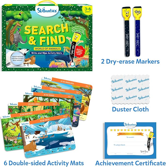 Skillmatics Search and Find Animals – Reusable Preschool Learning Activity | Write & Wipe Mats, Learning & Educational Toy for Toddlers & Kids, Back to School Supplies for Boys & Girls Ages 3, 4, 5