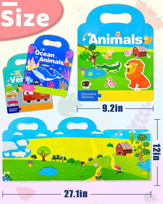 Benresive Reusable Sticker Book for Toddlers, Stickers for Kids, Travel Toy | Toddler Toys, Boys Girls Birthday Gifts, Airplane & Road Trip Essentials Kids, No Mess Waterproof Toddler Crafts Activities