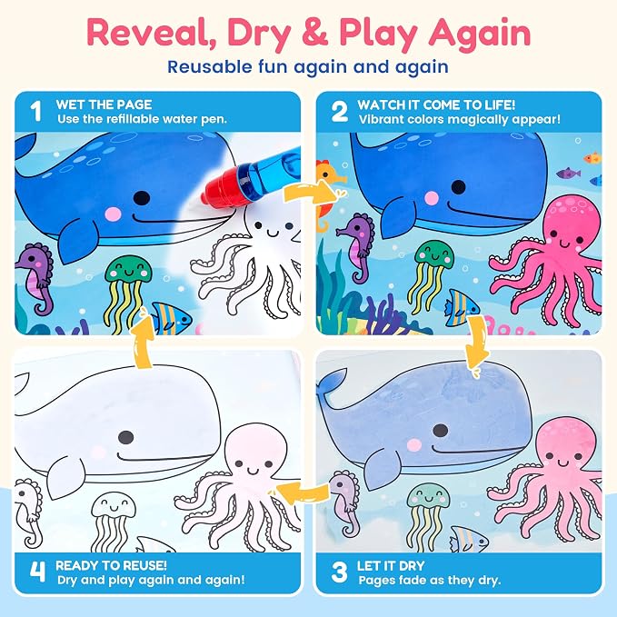 JoyCat 3 Pack Painting with Water Coloring Book for Toddlers Ages 3-5 | Water Coloring Books with Water Pens, No Mess Travel Toy for Kids to Develop Creativity,Educational Learning Kits Gifts
