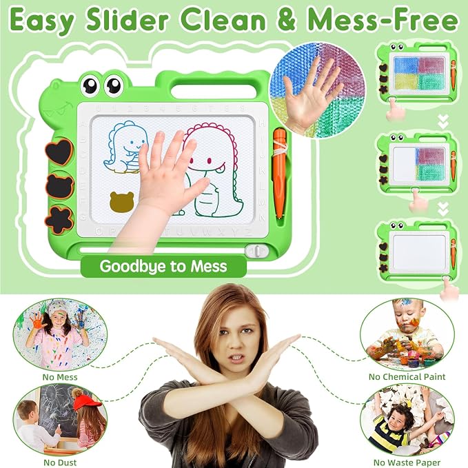 AiTuiTui Dinosaur Magnetic Drawing Board for Toddlers Ages 2-4, Green | Doodle Board Toddler Toys, Educational Learning Kids Gift for 3 Year Old Boys Girls, Color Sketch Writing Pad Travel Games