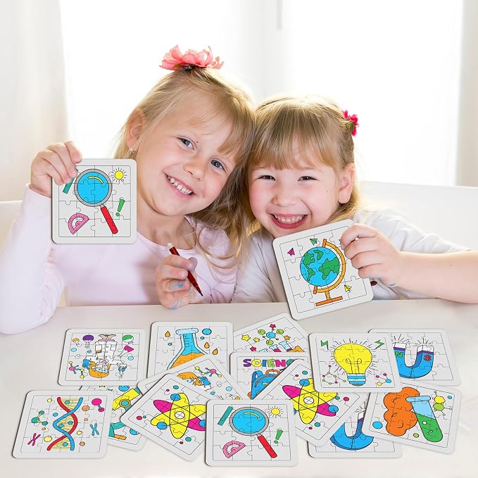 Cinrobiye 24 PCS Science Coloring Puzzle Craft Kit for Kids, DIY STEM Science Jigsaw Puzzles Bulk with 12 Designs, Educational Classroom Activities, Sciences Party Favors, Art Projects