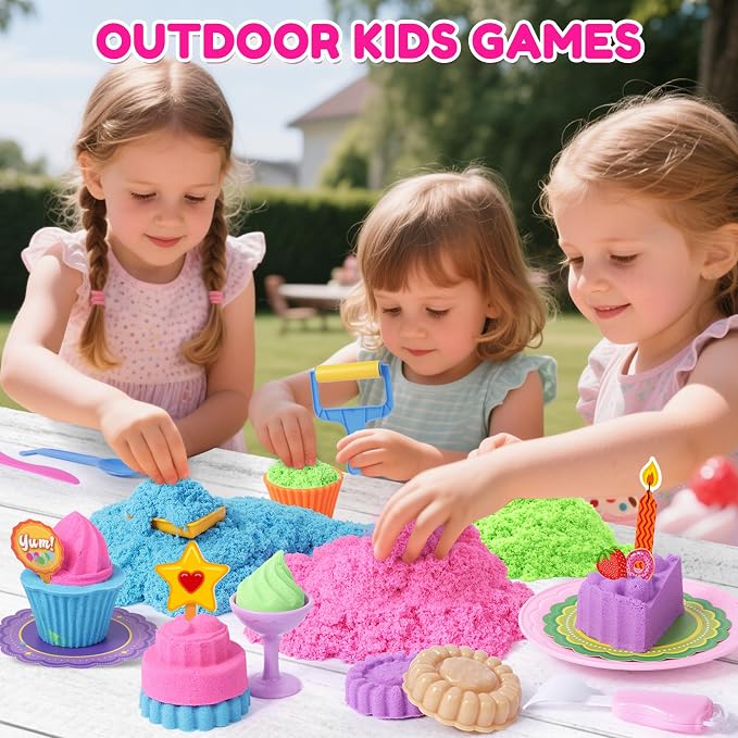 Billeeit. Cake & Ice Cream Sensory Bin Sand Toy, Fun Gift for Kids Girls 3+ | Sand Kit Sensory Toys w/lid and 4 Color Moldable Sensory Play Sand 2.2lbs, Molds, Tools Set 43pcs Total for Toddlers