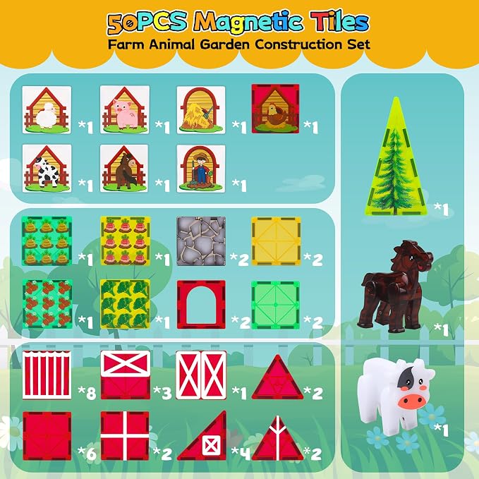 SKTMYY Magnetic Tiles Farm Animal Toy Set with Interactive Cow & Horse, Magnetic Building Blocks for Kids Ages 3-5 4-8 5-7, Magnet Tiles Educational STEM Toy for Boys & Girls