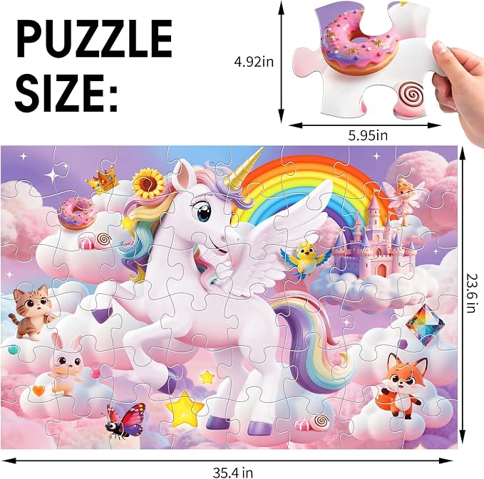 Jumbo Floor Puzzle for Kids,48 Piece 3D Unicorn Jigsaw Puzzle Ages 3-8 | Extra-Thick Easy-Grip Pieces Form a 35.4 x 23.6-Inch,Unicorn Puzzle,Preschool Learning Gift for Boys and Girls Ages 3-8