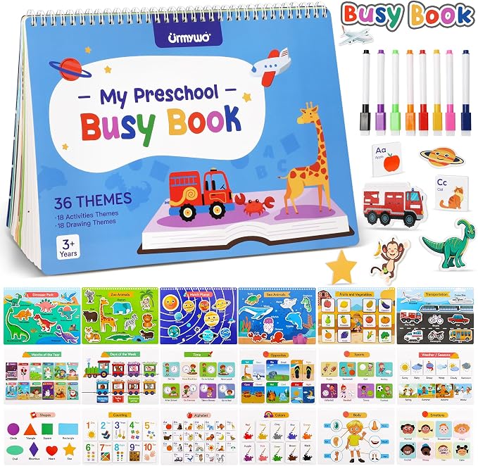 Busy Book for Toddlers 3-5, 36 Montessori Preschool Learning Activities | 36 Activities with Matching, Tracing and Coloring, Plus 8 Markers and 184 Stickers for Travel, Homeschool and Quiet Time