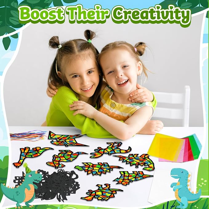 Lonfliness 32Sets Dinosaur Suncatchers Crafts Kit DIY Dino Window Stained Glass Effect Paper Dinosaur Animal Home School Classroom Decoration Art Craft Creative Activity Project Kid Gift Favor
